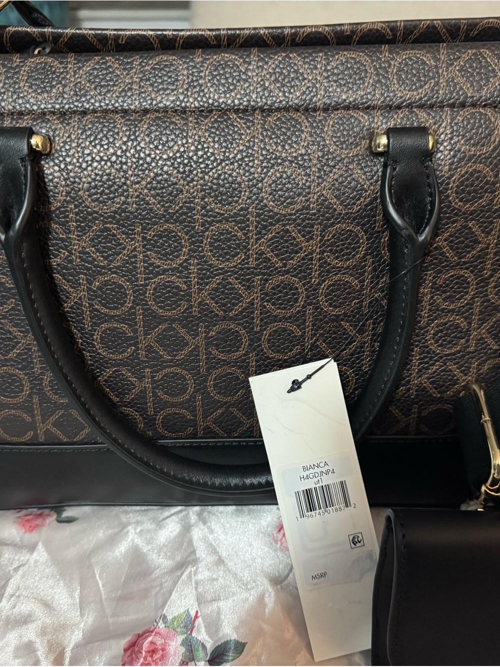 Calvin Klein Brown Monogram Satchel with Black Trim
